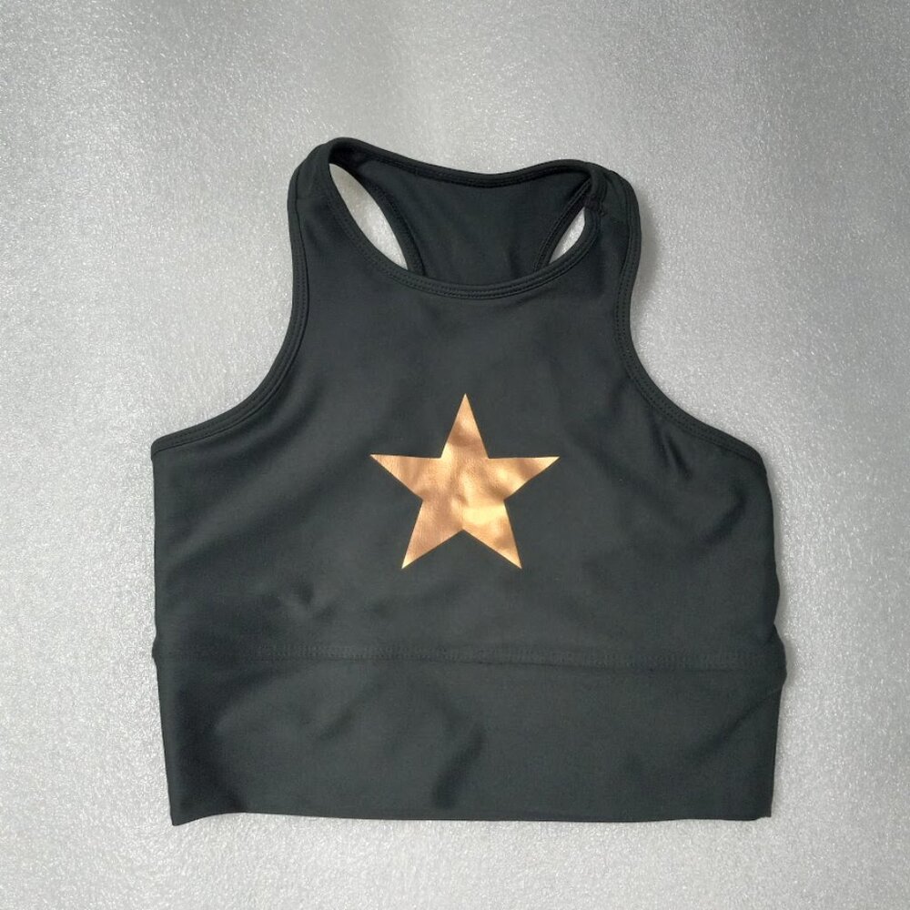 Strut This Stretch Crew Neck Sleeveless Racerback Star Sports Bra Black Small